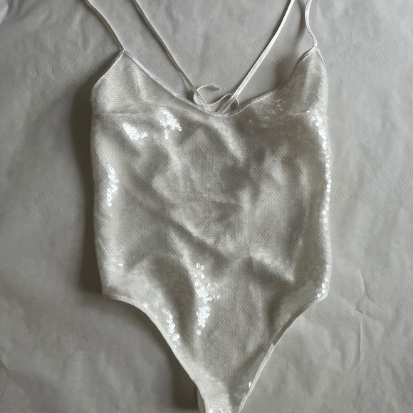 Victoria's Secret Sexy Sequin Criss Cross White Mesh detail Bodysuit - Picture 3 of 7